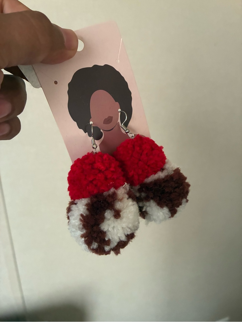 Handmade Pom Pom Dangle Earrings in Red, White & Brown